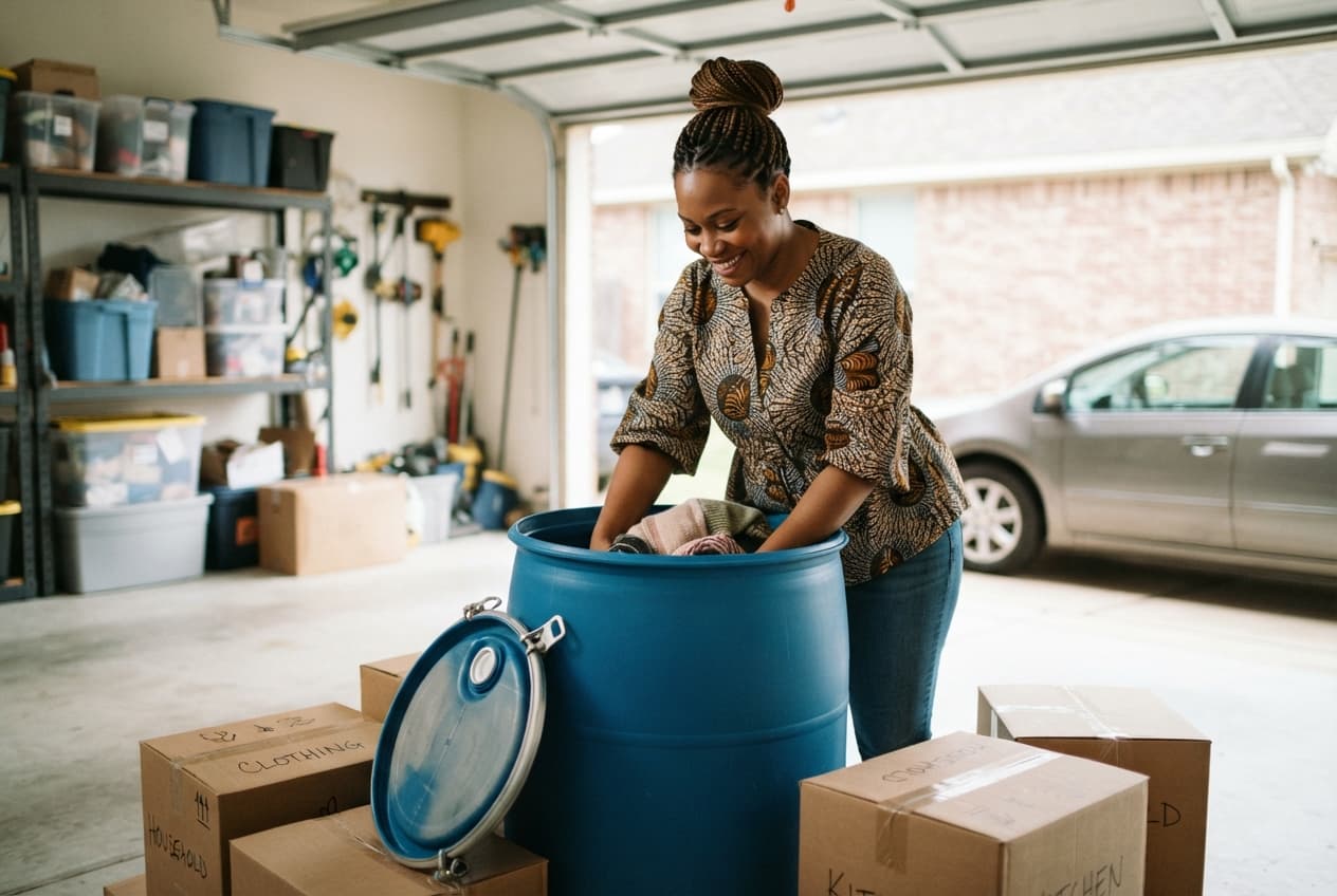 A woman packing clothes into a blue shipping barrel in her garage